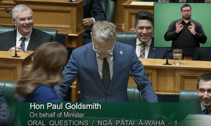 Nicola Willis enters the House as Paul Goldsmith is speaking.