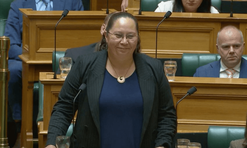 Act Party minister Nicole Mckee patiently smiles and waits in the House for the Speaker to remember her name.