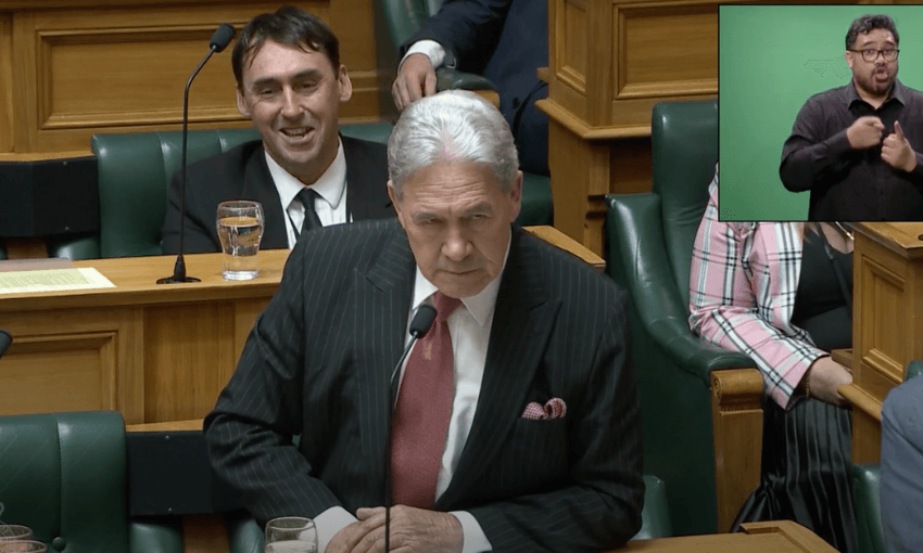 Winston Peters in the House of Representatives, staring down Chris Hipkins.