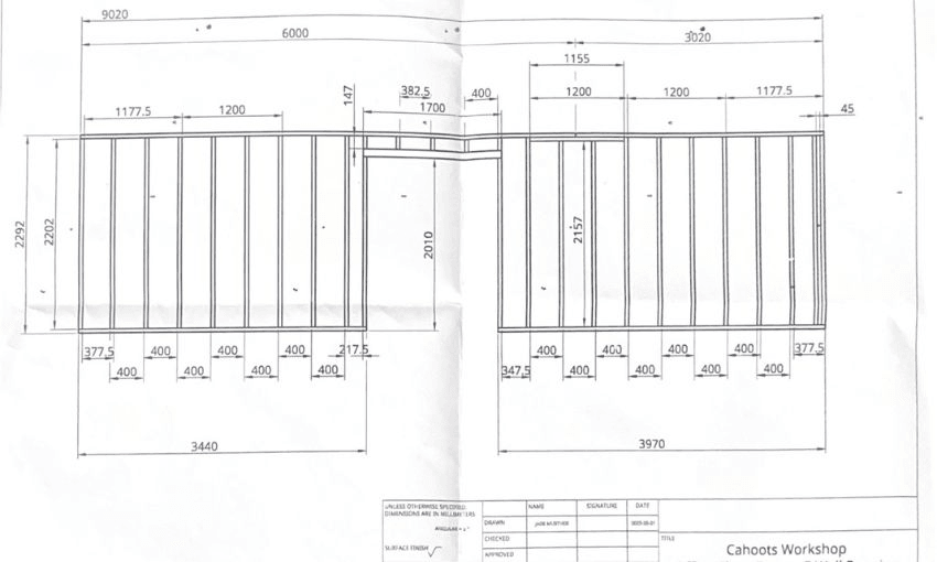 A wall frame blueprint for the Cahoots workshop office area.