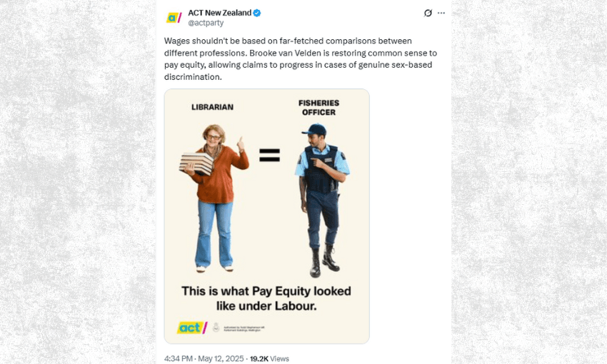 A social media post by ACT New Zealand shows a librarian and a fisheries officer with an equals sign between them, stating, "This is what Pay Equity looked like under Labour." Text above discusses pay comparisons between professions.