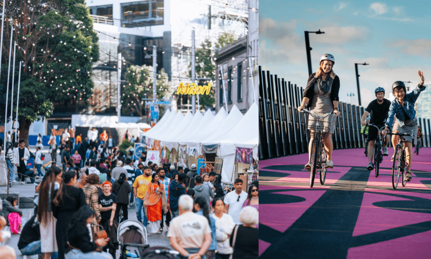 Two images. The one one the left shows a street festival in Auckland with a row of white tents, many families walking around and enjoying the day. One stall has a neon yellow sign that says 'Māori'. On the right there's a photo that shows a family of three biking on Auckland's pink path. The mom and dad are smiling at the camera and their young son waves, it's a sunny day.