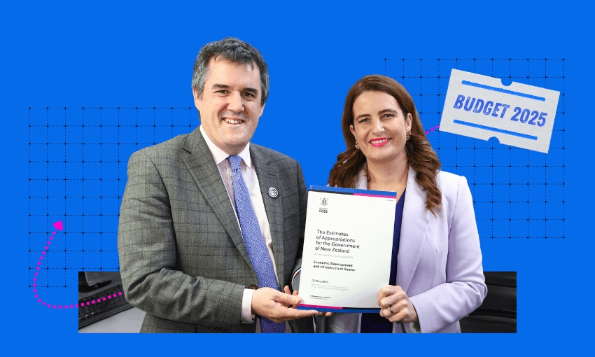 Two people in business attire, Chris Bishop and Nicola Willis, smile and hold a document titled "The Estimates of Appropriations of the Government of New Zealand." A graphic ticket reads "Budget 2025" on a blue background.