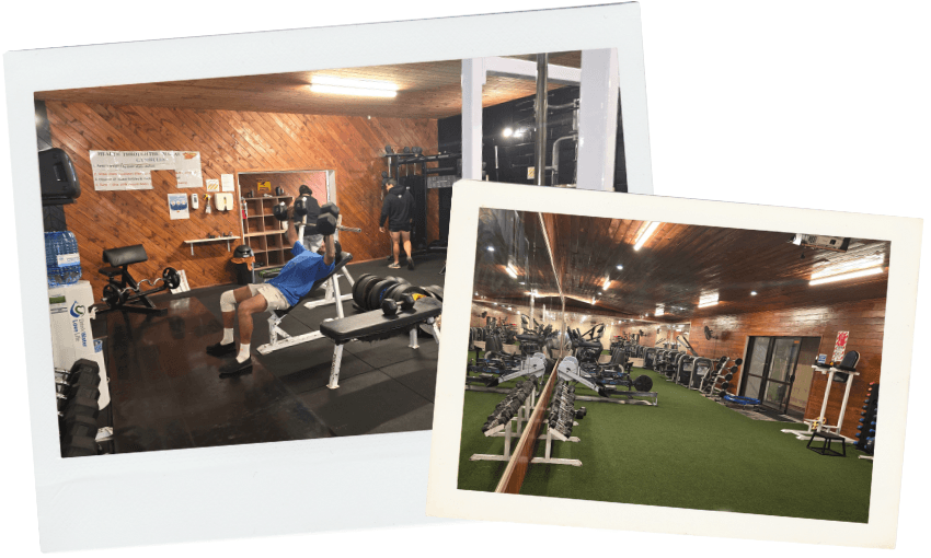 Two overlapping photos show a gym with wooden walls and ceilings. One image features people working out with weights, while the other shows exercise machines and turf flooring in the spacious gym area.