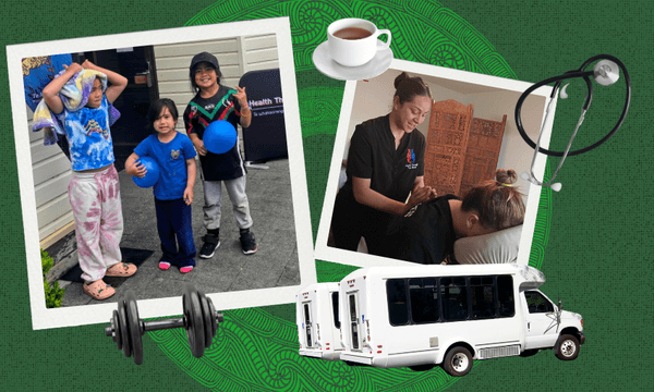 Three children stand together outdoors, smiling, with a blue ball. Next to them, a photo shows a woman giving a massage. Collaged around them are a tea cup, stethoscope, dumbbell, and a white shuttle van, all on a green background.