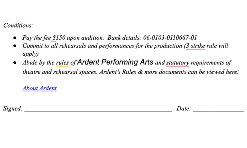 A screenshot of the original casting call for Ardent's Phantom of the Opera, which asked for a $150 fee "upon audition"