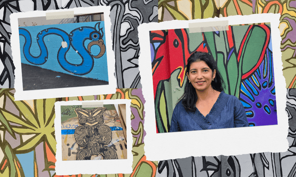 A collage featuring a woman smiling in front of a colourful mural, a blue snake mural, and a black-and-white tiki mural, all arranged on a vibrant, abstract illustrated background.