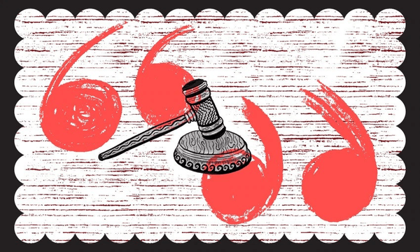 A wooden gavel is placed over large red quotation marks on a textured white background with a scalloped border. The image combines legal and speech elements, suggesting themes of law and communication.