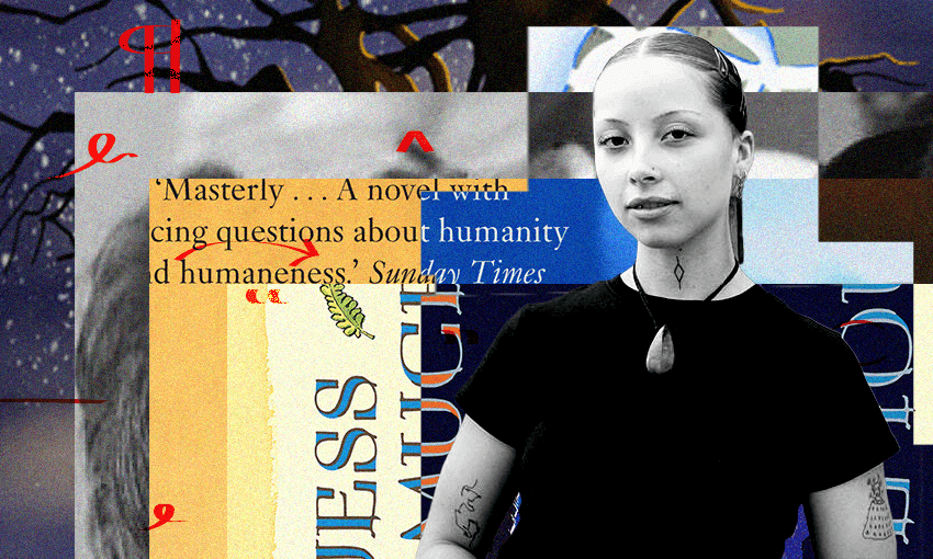 A black and white photo of Matariki Bennett who is a young Māori woman; with a collage of book covers behind her.
