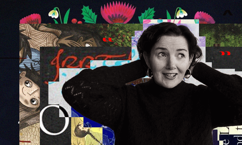 A photo of author Rachael Craw with a collage of book covers in the background.