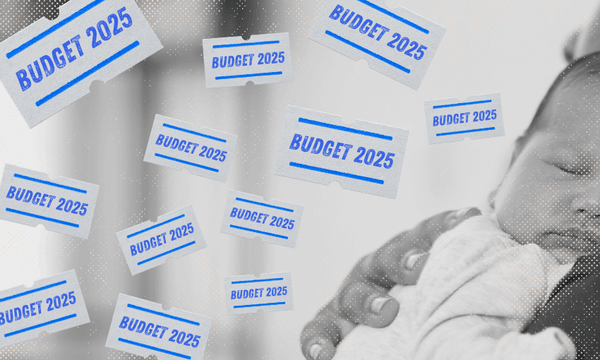 A grayscale image of an adult holding a baby, overlaid with multiple blue "BUDGET 2025" labels scattered across the scene.