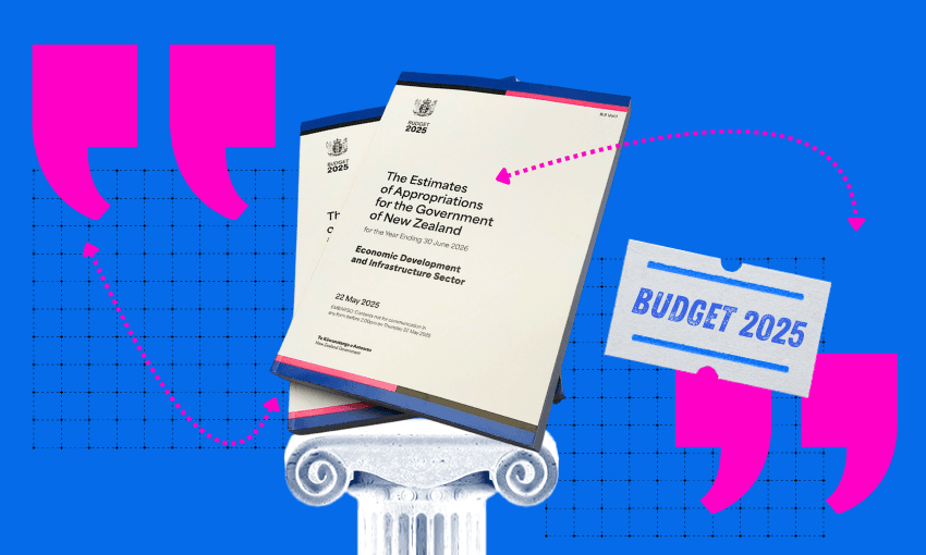 Booklets titled "The Estimates of Appropriations for the Government of New Zealand: Economic Development and Infrastructure Sector, 28 May 2025" rest on a column, with “Budget 2025” text and graphic quotation marks on a blue background.