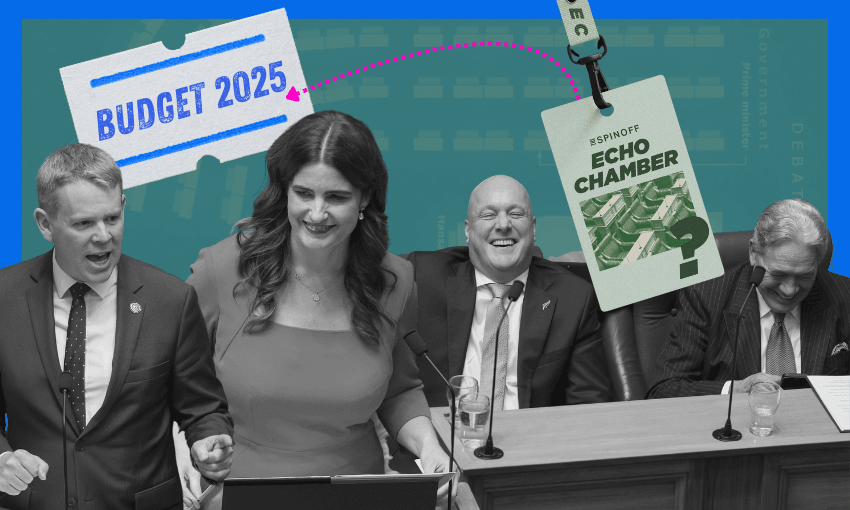 Four politicians in parliament, including a woman in red, appear engaged and smiling. A "BUDGET 2025" ticket and a "Echo Chamber" event lanyard are illustrated above them on a teal background.