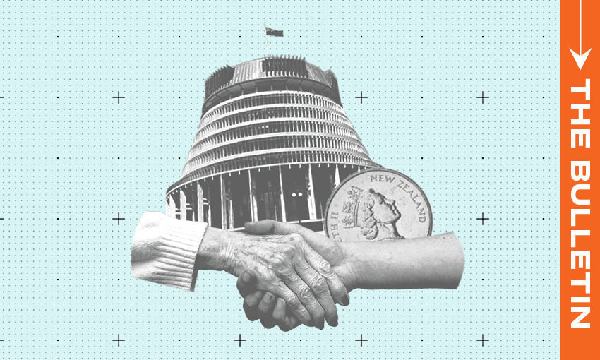 A collage featuring New Zealand’s Beehive building, a New Zealand coin, and two hands shaking, with “THE BULLETIN” written vertically on an orange stripe at the right edge.