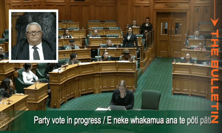 Hana-Rawhiti Maipi-Clarke performing the haka in question on November 14, 2024, and an inset shot of Speaker Gerry Brownlee. (Image: Parliament TV/The Spinoff) 
