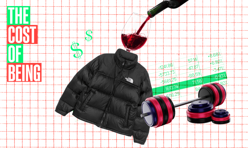 A collage with a puffer jacket, dumbbells, wine being poured, green financial figures, two dollar signs, and the text “THE COST OF BEING” on a red grid background.