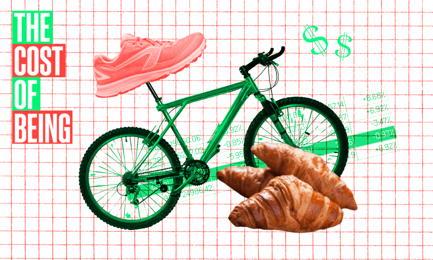 A collage with a grid background shows a green bicycle, a pink sneaker on the seat, two croissants in front, dollar signs, and a graph. Text on the left reads “THE COST OF BEING” in bold red and green letters.