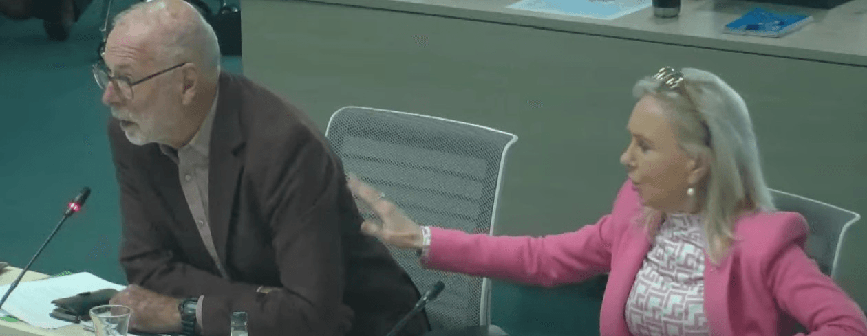 An older man in a brown jacket speaks into a microphone at a meeting table while a woman in a pink blazer sitting beside him extends her arm toward him, as if trying to get his attention.