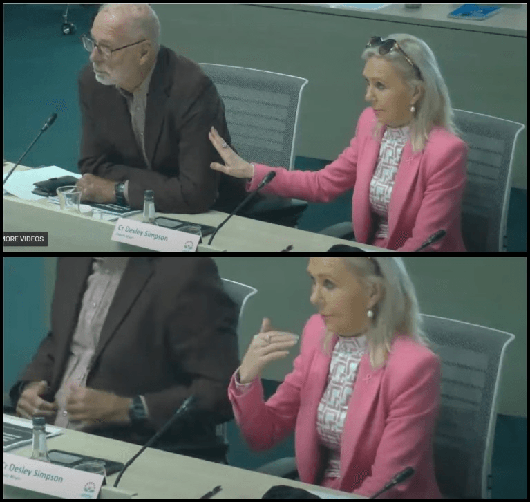 Two people sit at a conference table. The woman in a pink blazer gestures while speaking, and the man in glasses and a brown jacket listens. Both images show them engaged in conversation. Nameplates are visible in front of them.