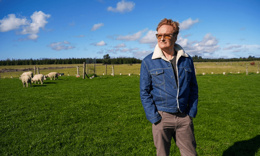 Conan O’Brien and sheep in Conan O’Brien Must Go (Photo: Neon) 
