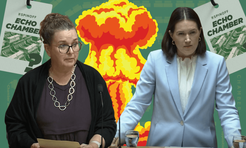 Jan Tinetti and Brooke Van Velden faced off over pay equity and the c-word. Image: Joel MacManus 
