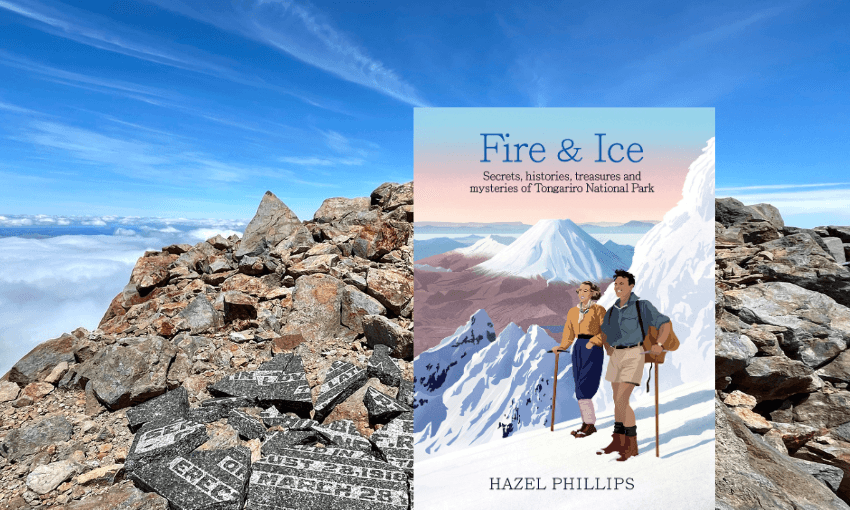 A photograph of the summit of Ruapehu on a fine day with a book cover over the top.
