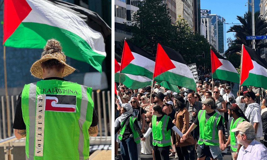 photos of people wearing fluro green vests holding hands at the front of a crowd with palestine flags