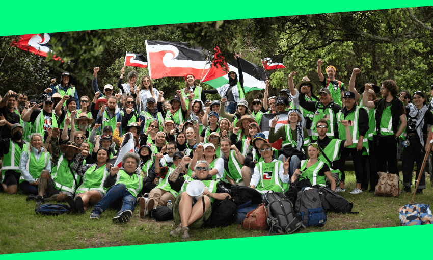 Kaiāwhina Tāmaki at Hīkoi mō Te Tiriti – Auckland Harbour Bridge crossing. (Photo: Ben Sarten with additional design by The Spinoff). 
