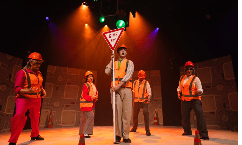 The cast of Give Way the Musical, singing about giving way. (Image: Roc Torio for Circa Theatre) 
