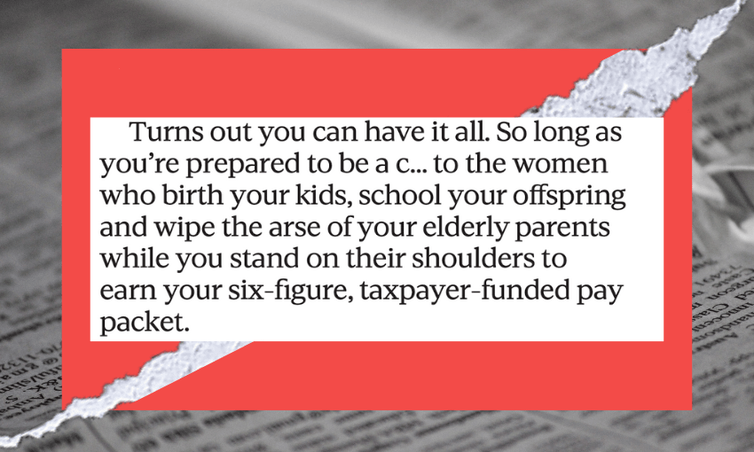 An excerpt from Andrea Vance's column in which she calls a number of female politicians cunts. on a red background