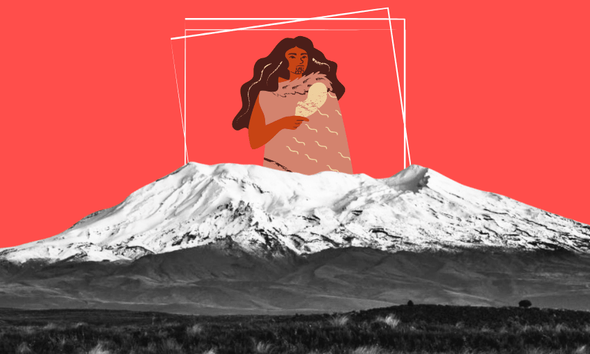 A stylised illustration of a woman holding a patu is superimposed above the snowy peak of a black-and-white mountain against a solid red background. White geometric lines frame the woman and child.