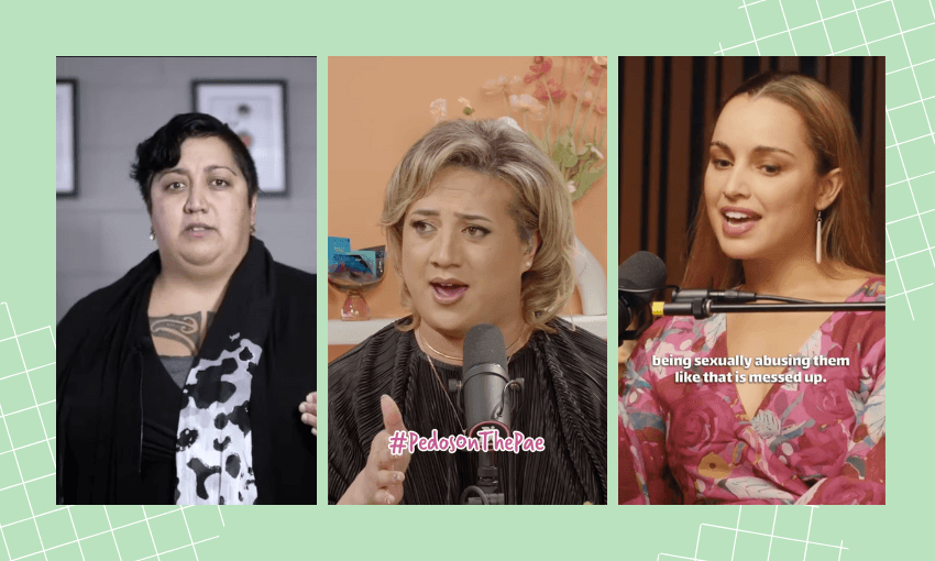 Three women speak individually into microphones in separate video frames. The first woman wears a black jumper, the second has blonde hair and expressive hands, and the third wears a floral top with text onscreen about sexual abuse.