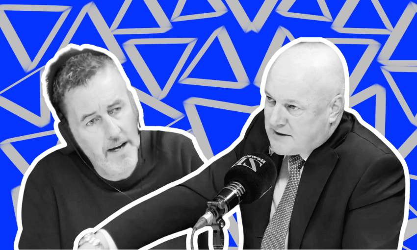 Two men are shown in conversation, one wearing casual clothes with headphones, the other in a suit speaking into a microphone, set against a blue background with white triangle patterns.