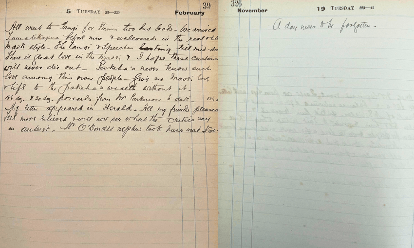 A vintage diary shows two dated entries: the left page is from February 5, densely handwritten in brown ink; the right page, from November 19, has a single faint line: “A day never to be forgotten.” Both pages are slightly yellowed.