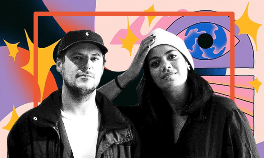A man and woman in black-and-white stand side by side, both wearing jackets and hats, in front of a colourful, abstract background featuring an eye, shapes, and bold lines.