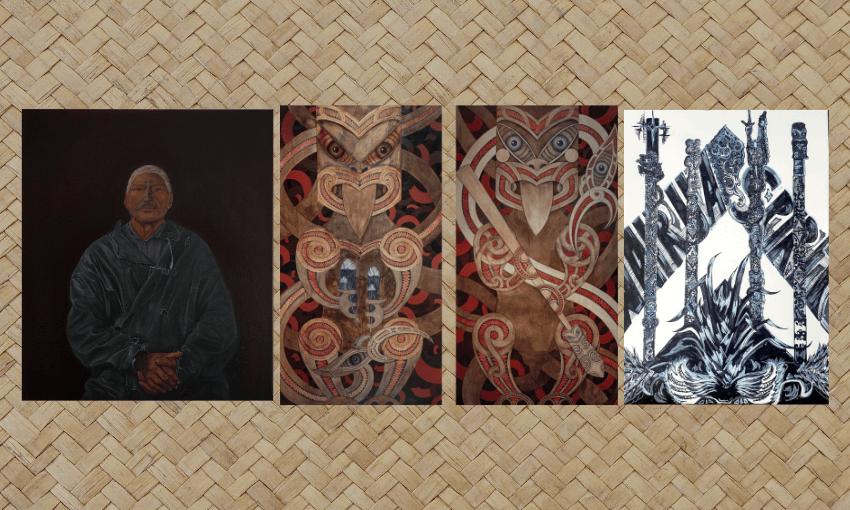 Three artworks are displayed against a woven flax background: a seated elderly person, two detailed Māori carvings with intricate patterns, and a black and white abstract figure holding staffs.