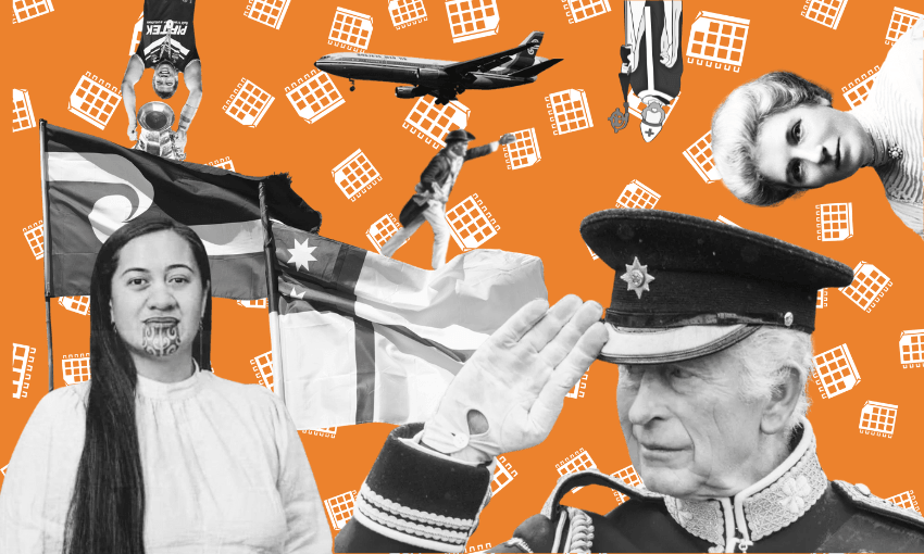 A collage with New Zealand and Māori flags, King Charles saluting, a woman with traditional moko, sports moments, Princess Diana, and an airplane, all on an orange background with white film frames.
