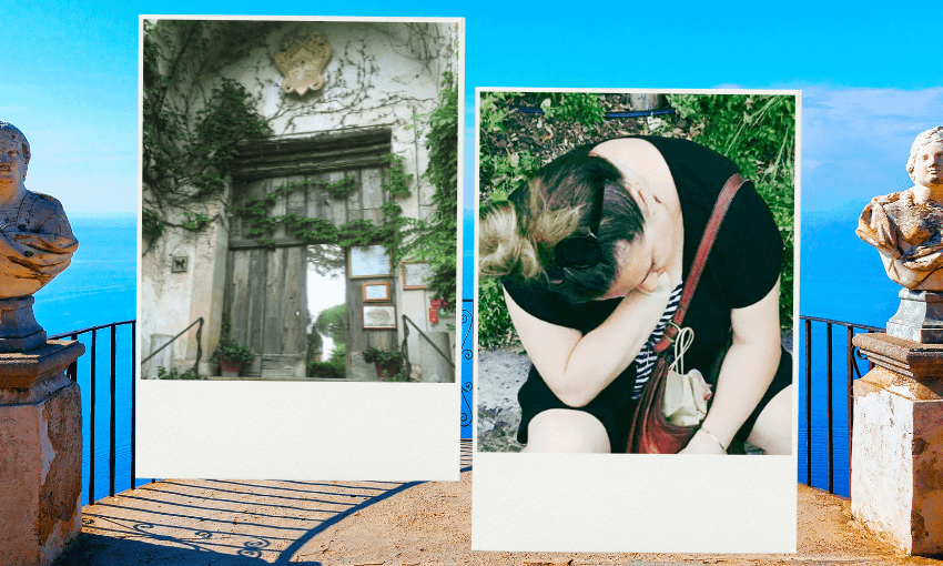 Two Polaroid-style photos overlay a bright terrace view of the sea: one shows an old, vine-covered wooden door, and the other features a person sitting with their head resting on their hand.