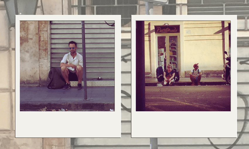 Two Polaroid-style photos show people sitting on city sidewalks. Left: a man sits alone by a closed shop. Right: two people sit below a "Punto" sign, facing the street. The background features worn walls and metal shutters.