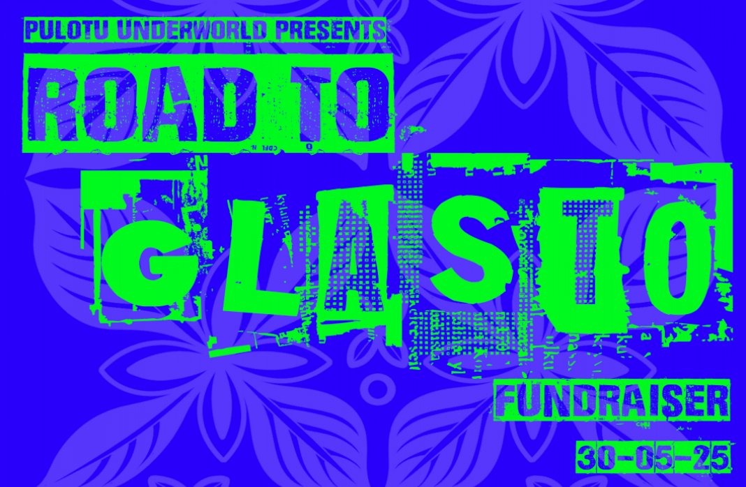 blue and bright green poster saying "road to glasto"