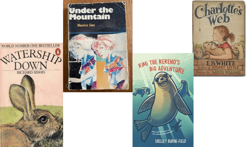 The covers of Watership Down, Charlotte's Web, Under the Mountain, and Kimi the Kekeno's Big Adventure