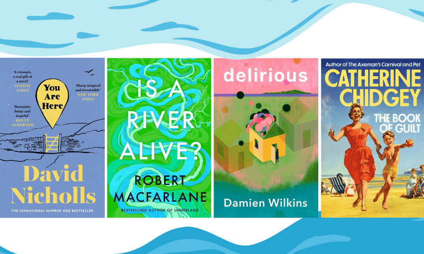 Four book covers with graphic-style images of rivers behind them.