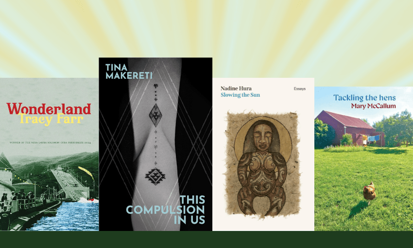 Four book covers with sun rays behind them.