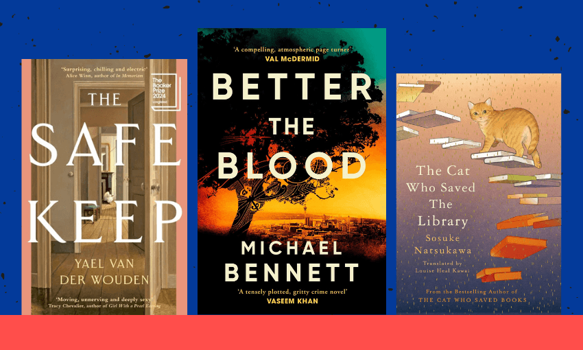 Three book covers with blue and red background behind them.