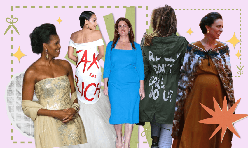 A collage of five women politicians and First Ladies in bold outfits, including gowns and statement clothing. From left to right Michelle Obama, Alexandria Ocasio-Cortez, Nicola Willis, Melania Trump, Jacinda Ardern. Pink background with gold stars, scissors, and geometric shapes.