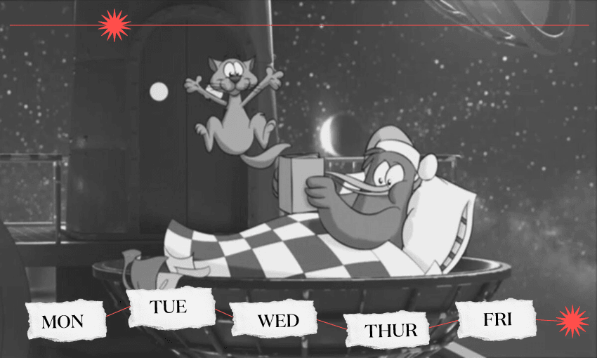 A black and white image of the cartoon goodnight kiwi lying in bed, reading a book