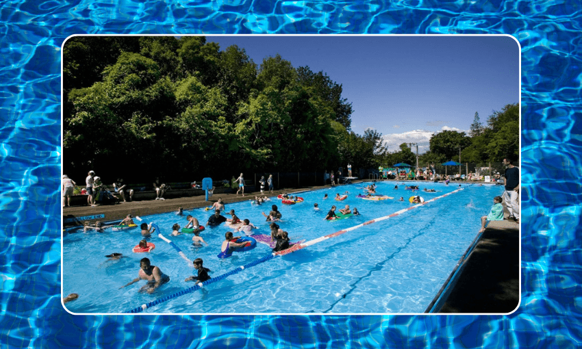 A crowded outdoor swimming pool with people swimming, floating on inflatables, and enjoying the water on a sunny day. Trees and greenery surround the pool, and the sky is clear and blue.
