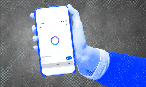 A person holding a smartphone displaying a voice assistant interface with a colored loading circle on the screen, against a gray textured background.