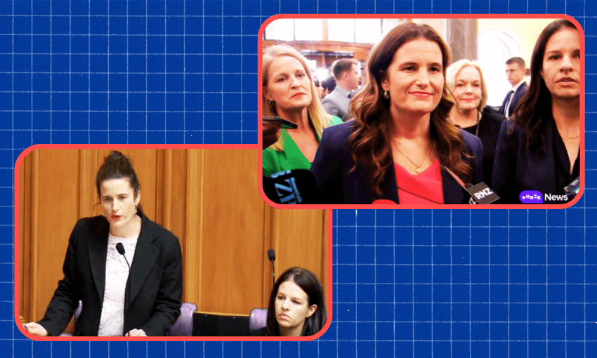 Two images: On the left, a woman speaks at a podium in a formal setting; on the right, the same woman stands among others, speaking to reporters with microphones, against a blue grid background.