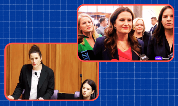 Bottom left, Nicola Willis speaking in support of the Equal Pay Amendment Bill in parliament in 2020. Top right, Willis defending the overhaul on May 6, 2025. 
